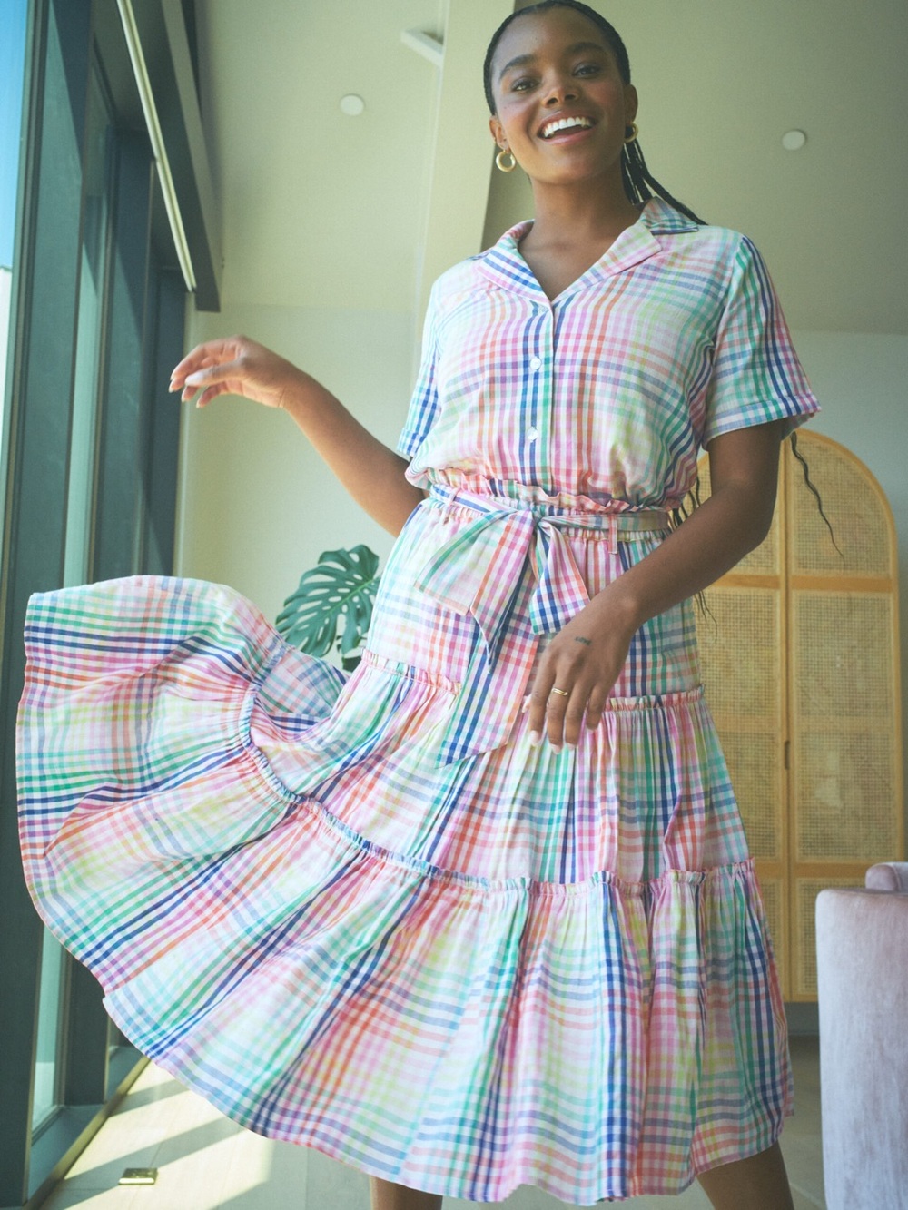 The Odells x Oh Joy! Rainbow Plaid Tiered Midi Shirt Dress Belted Marie Dress